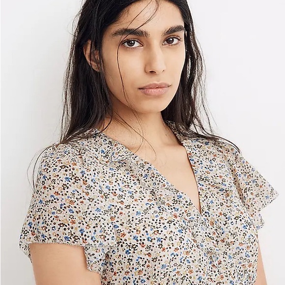 Madewell Floral Ruffle Neck Lined Short Sleeve Mini Dress Size 0 - Picture 4 of 10